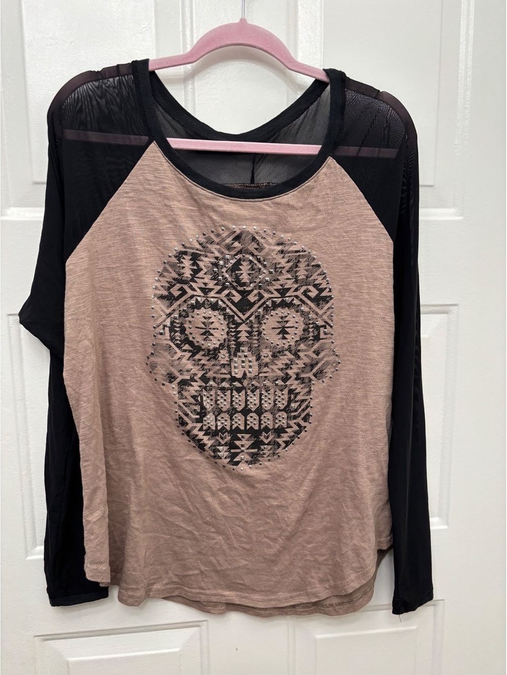 Y2K Roper XL Pink Skull Print Raglan Long Sleeve Top